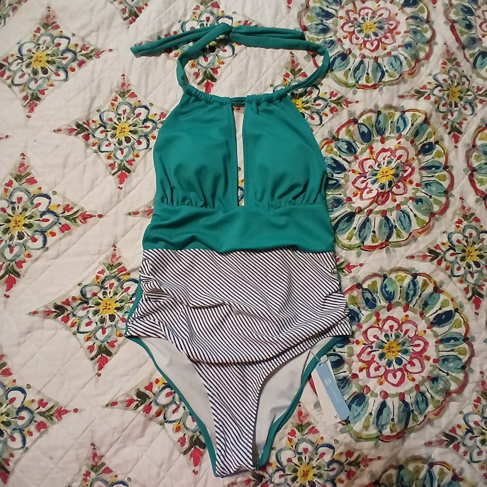Cupshe Medium Aqua Textured Striped Halter Tummy Control One Piece Swimsuit